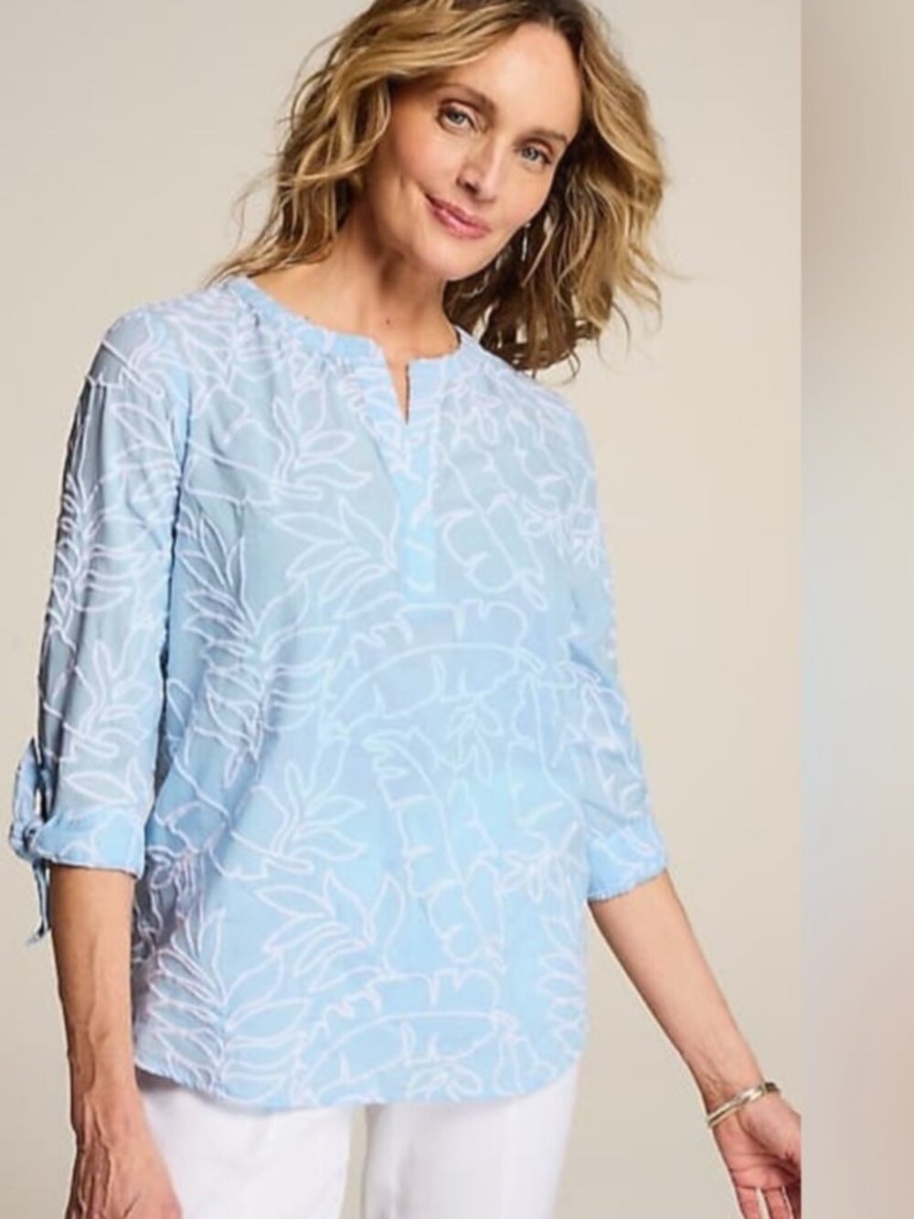 J. Jill Light Blue Embroidered Cotton Roll Tab Sleeve Tunic Blouse Women's XL